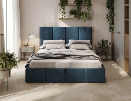 Łóżko tapicerowane Luna z pojemnikiem na pościel – welur T30 Navy Blue